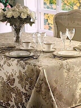 Waterford Linens Marcelle Tablecloth 70x104‎ Woven Floral Design Gold Silver